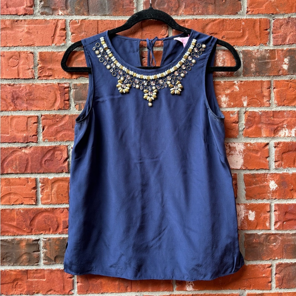 Lilly Pulitzer Womens XS Blue Silk Beaded Collar Keyhole Back Casual Tank Top